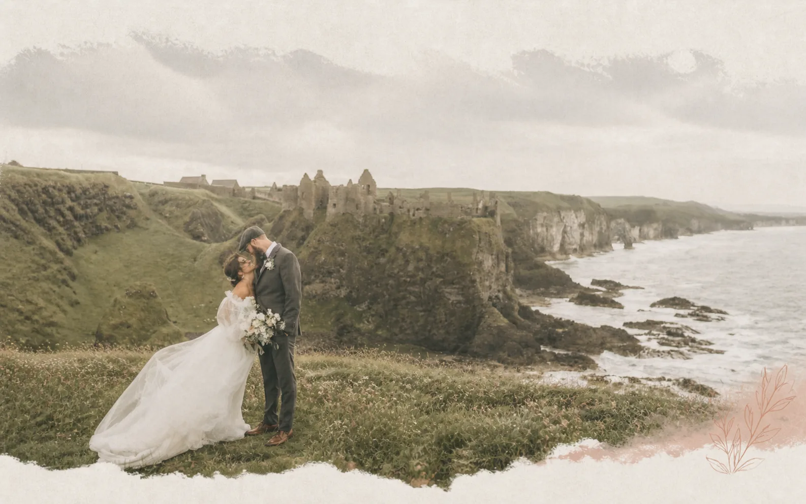 Newlyweds overlooking Dunluce Castle and the Atlantic coast